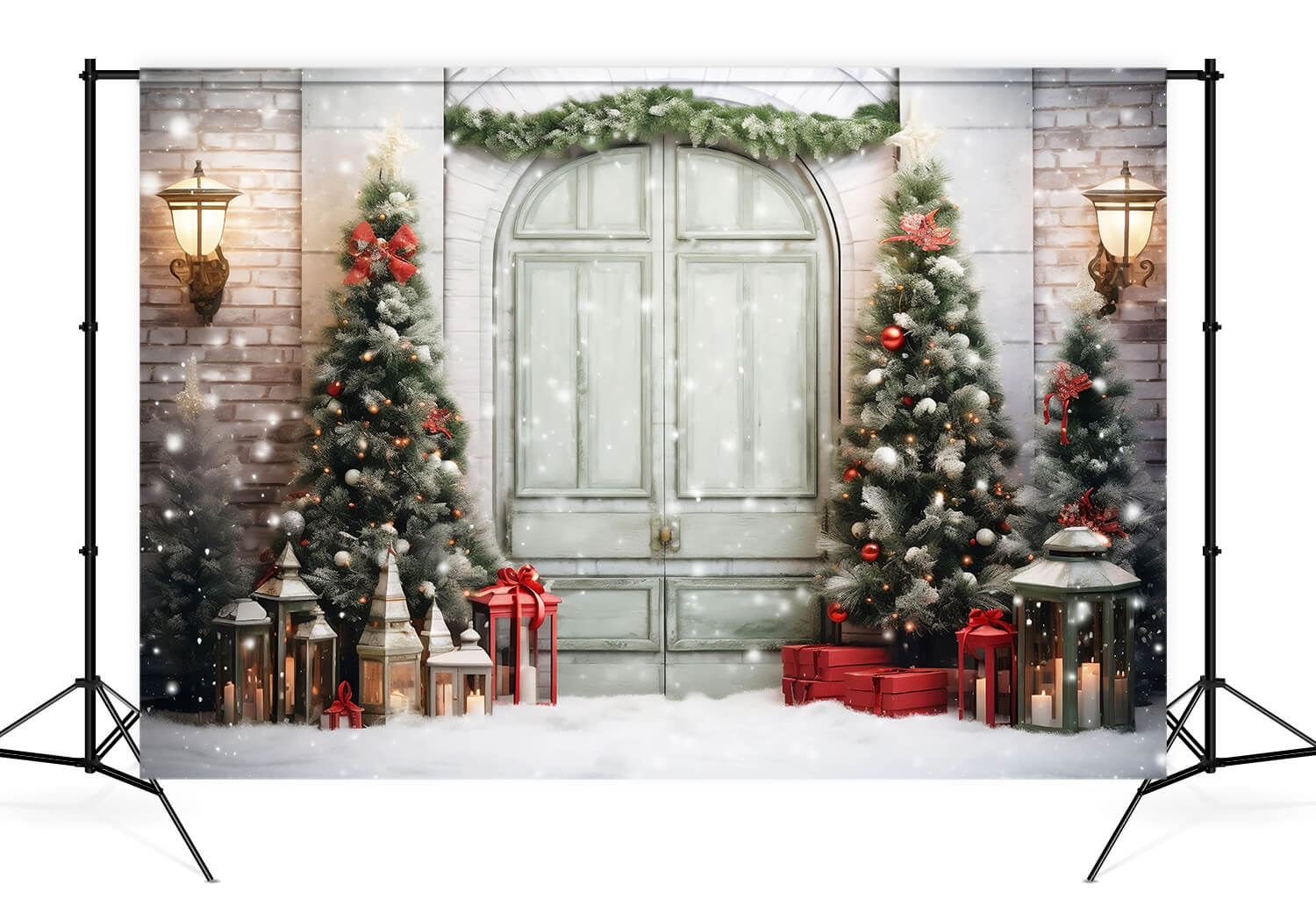 Sfondo Del Muro Della Porta Innevata Degli Alberi Di Natale M10-57