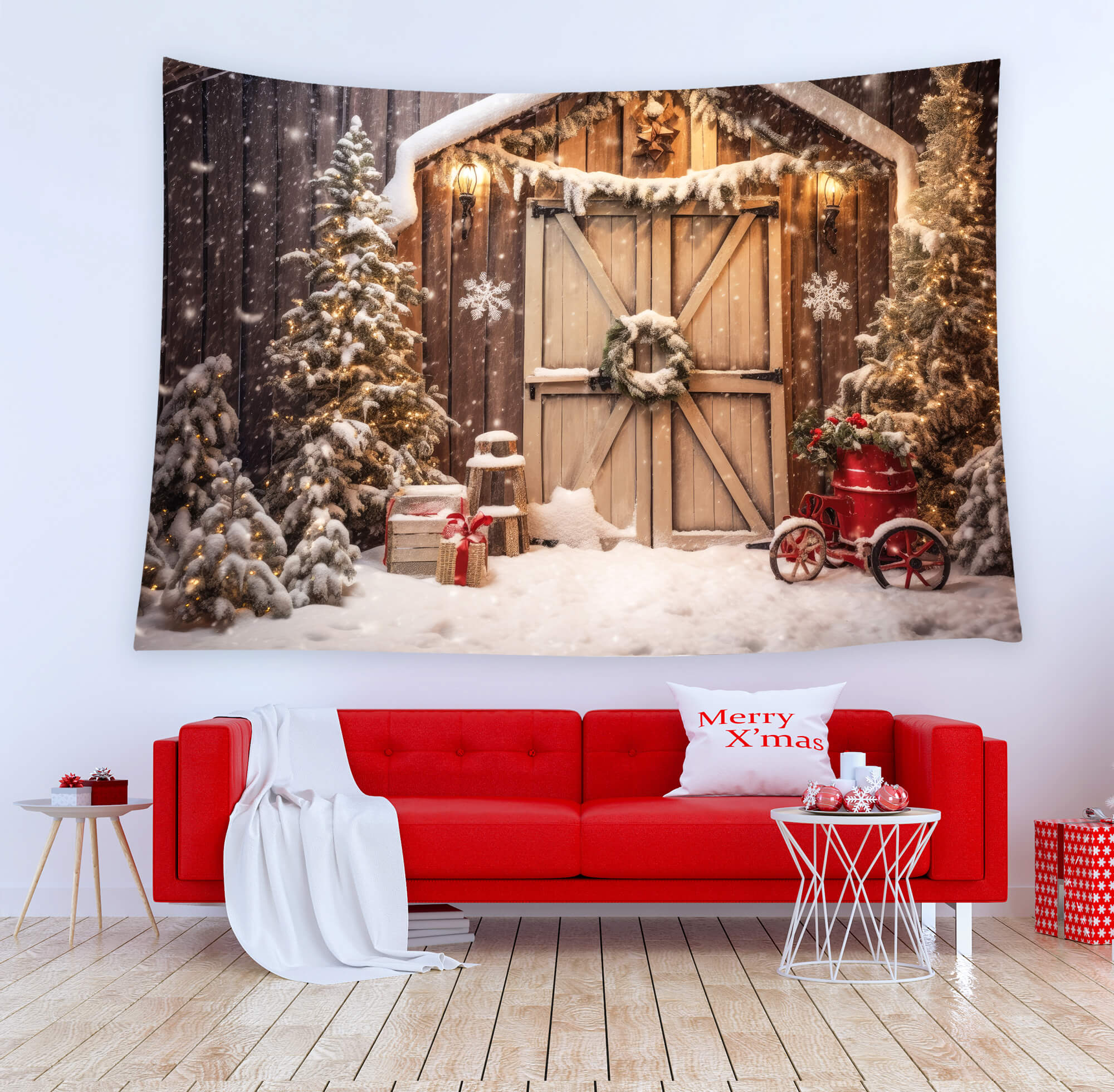 Sfondo Di Neve Con Porta In Legno Rustico Natalizio M10-59