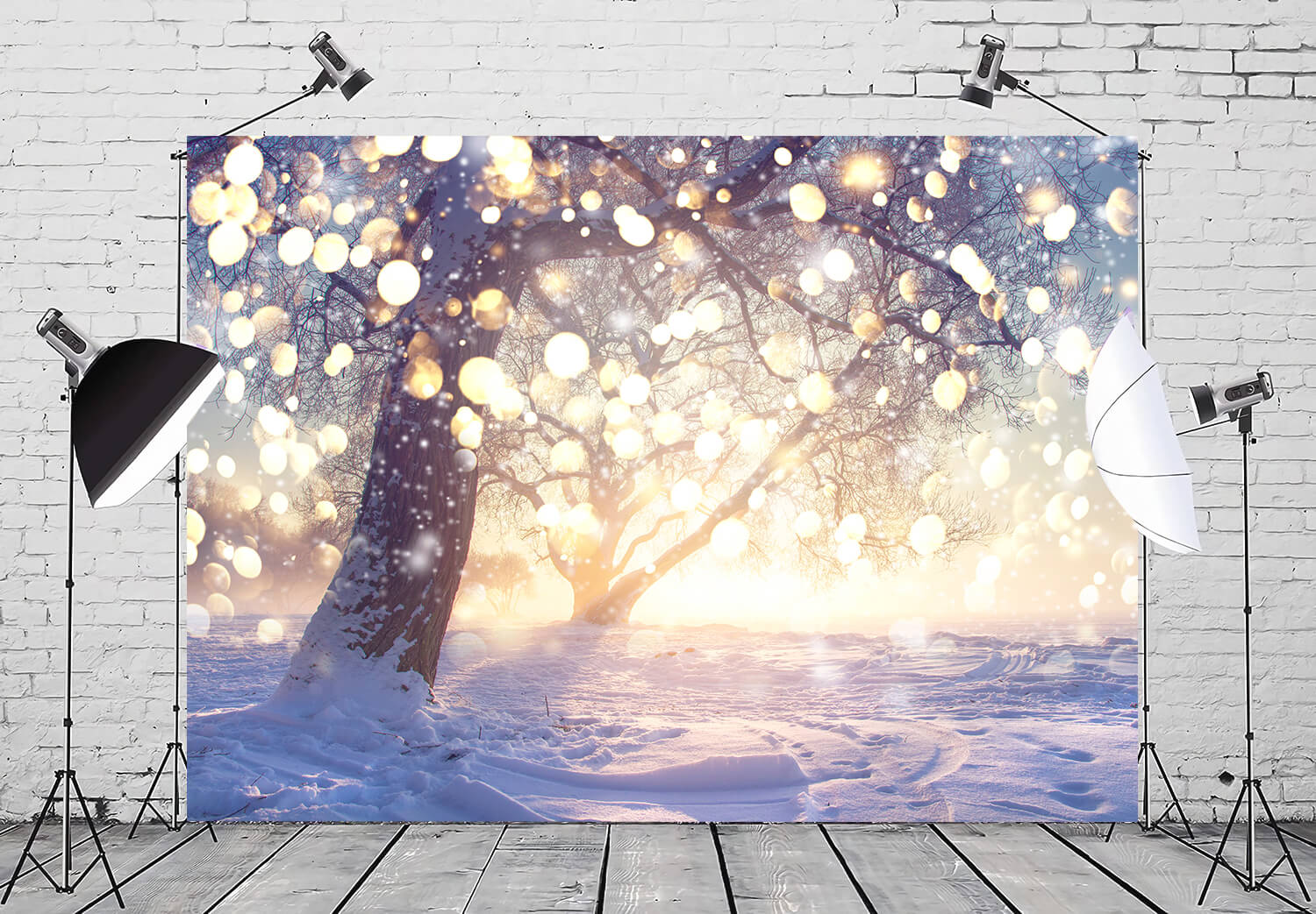 Sfondo Di Fiocchi Di Neve Glitterati Albero Innevato Invernale M10-72