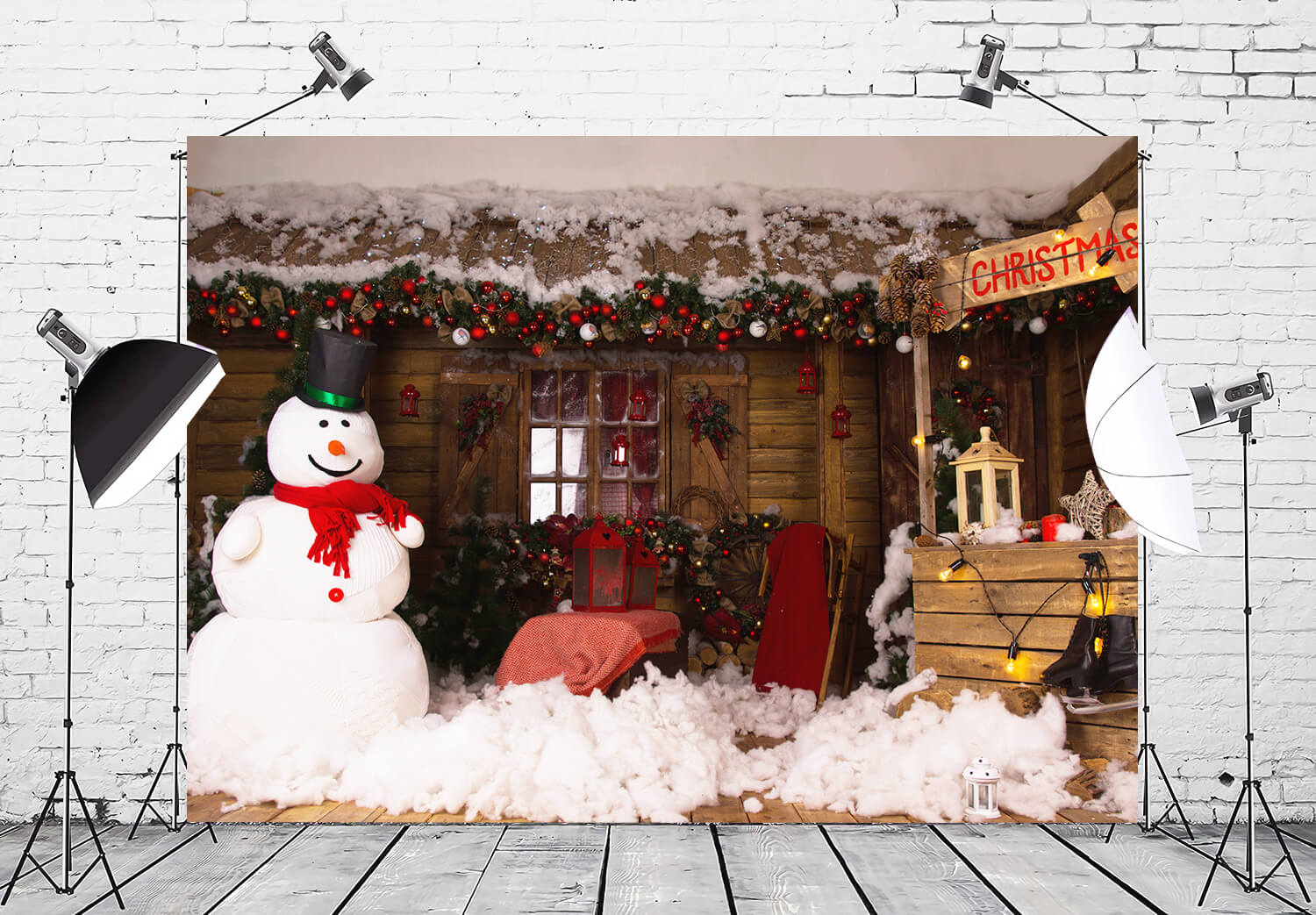 Sfondo Del Pupazzo Di Neve Della Casa In Legno Dell'Albero Di Natale M11-06