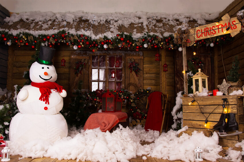Sfondo Del Pupazzo Di Neve Della Casa In Legno Dell'Albero Di Natale M11-06