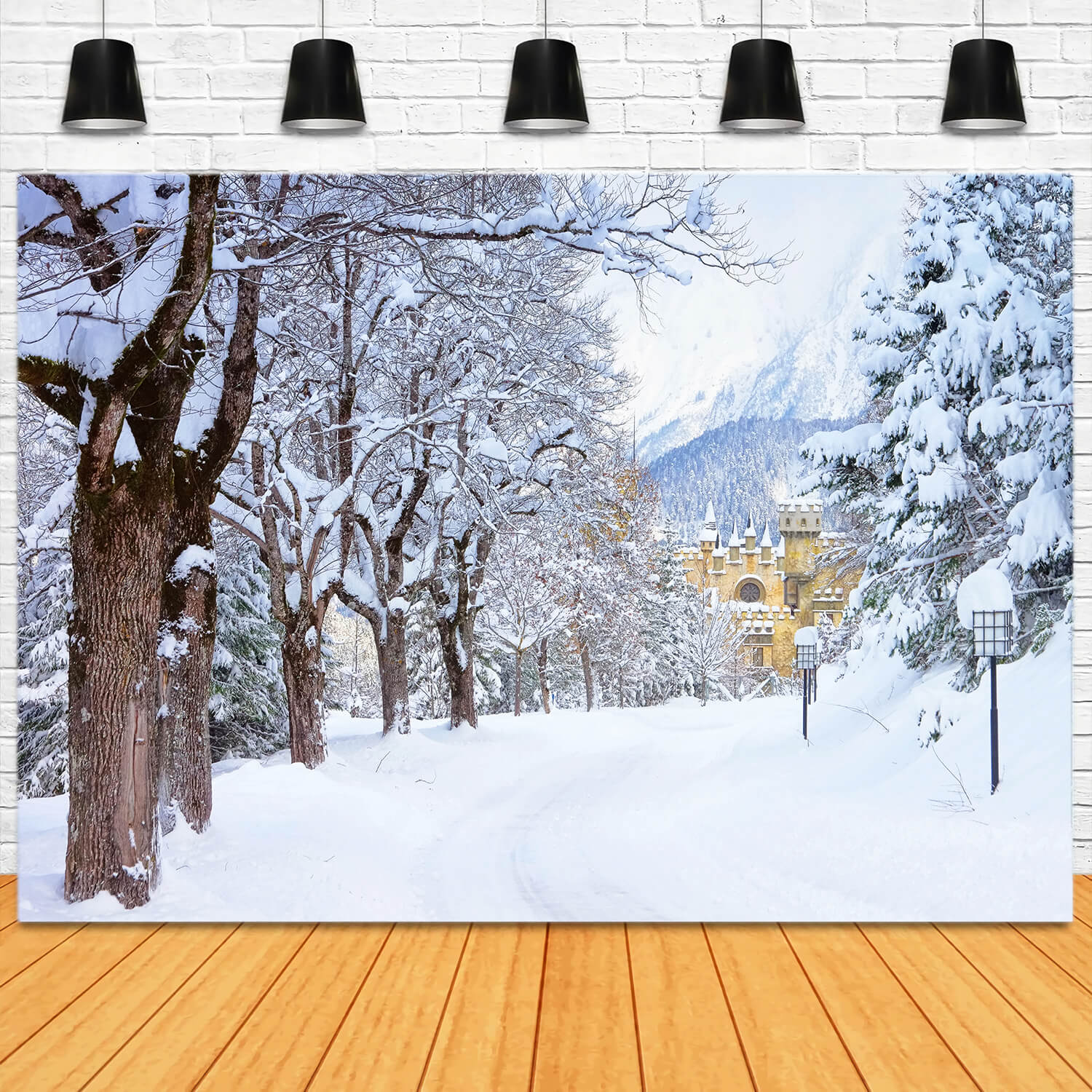 Sfondo Del Castello Di Strada Degli Alberi Innevati Invernali M11-12