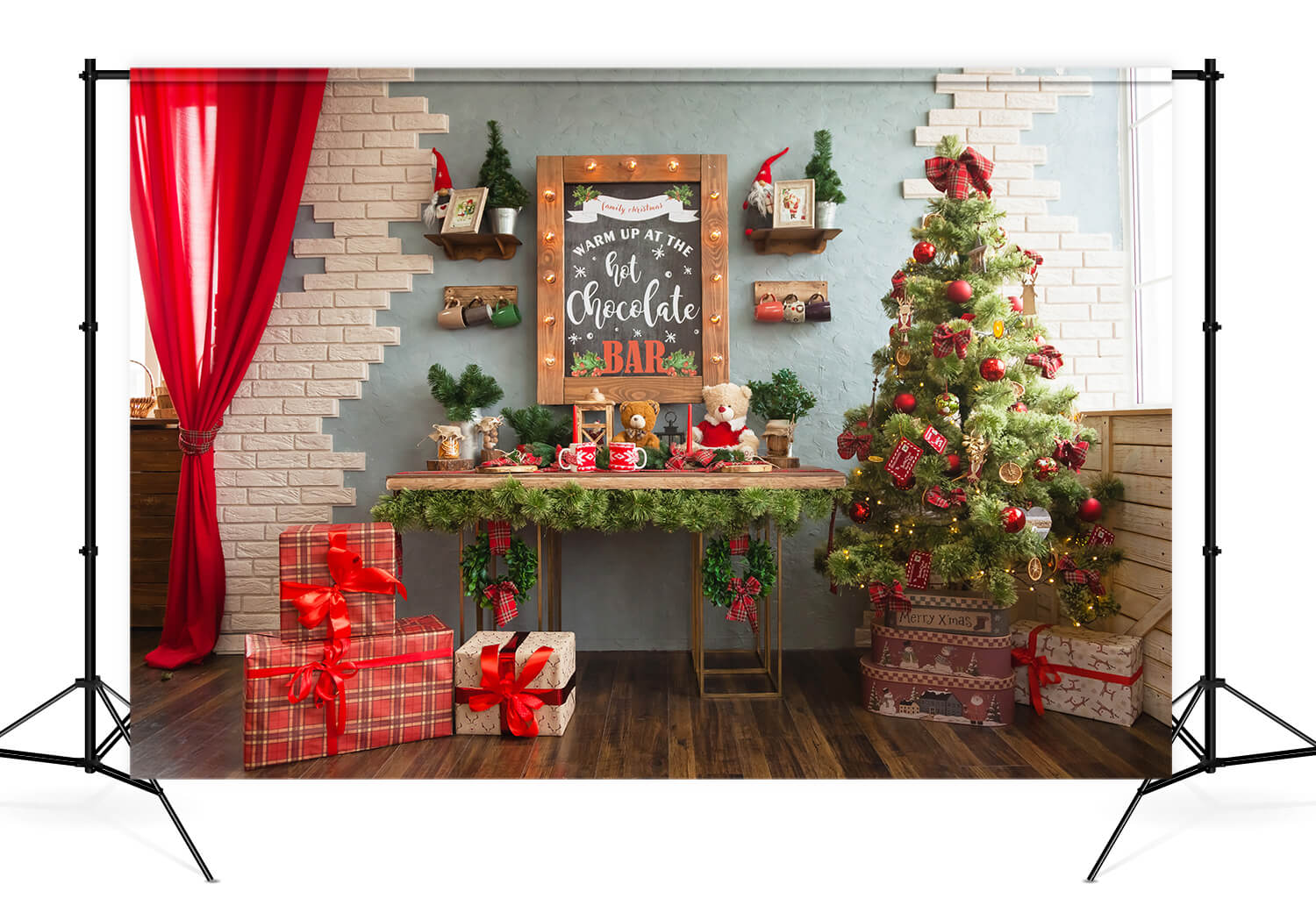 Sfondo Per Studio Regali Con Tenda Rossa Per Albero Di Natale M11-36