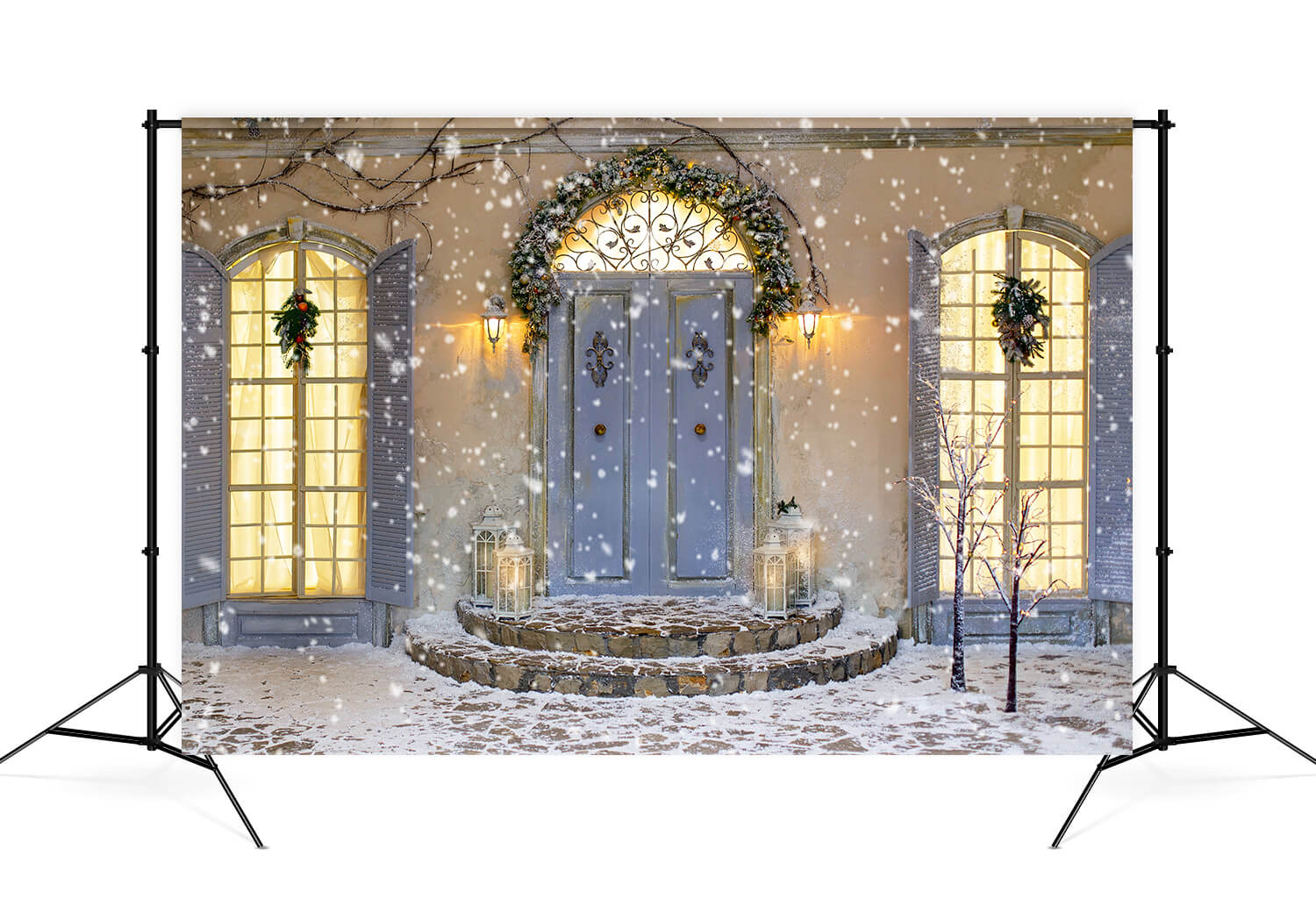 Sfondo Della Porta Del Portico Della Casa Di Natale Del Fiocco Di Neve M11-44