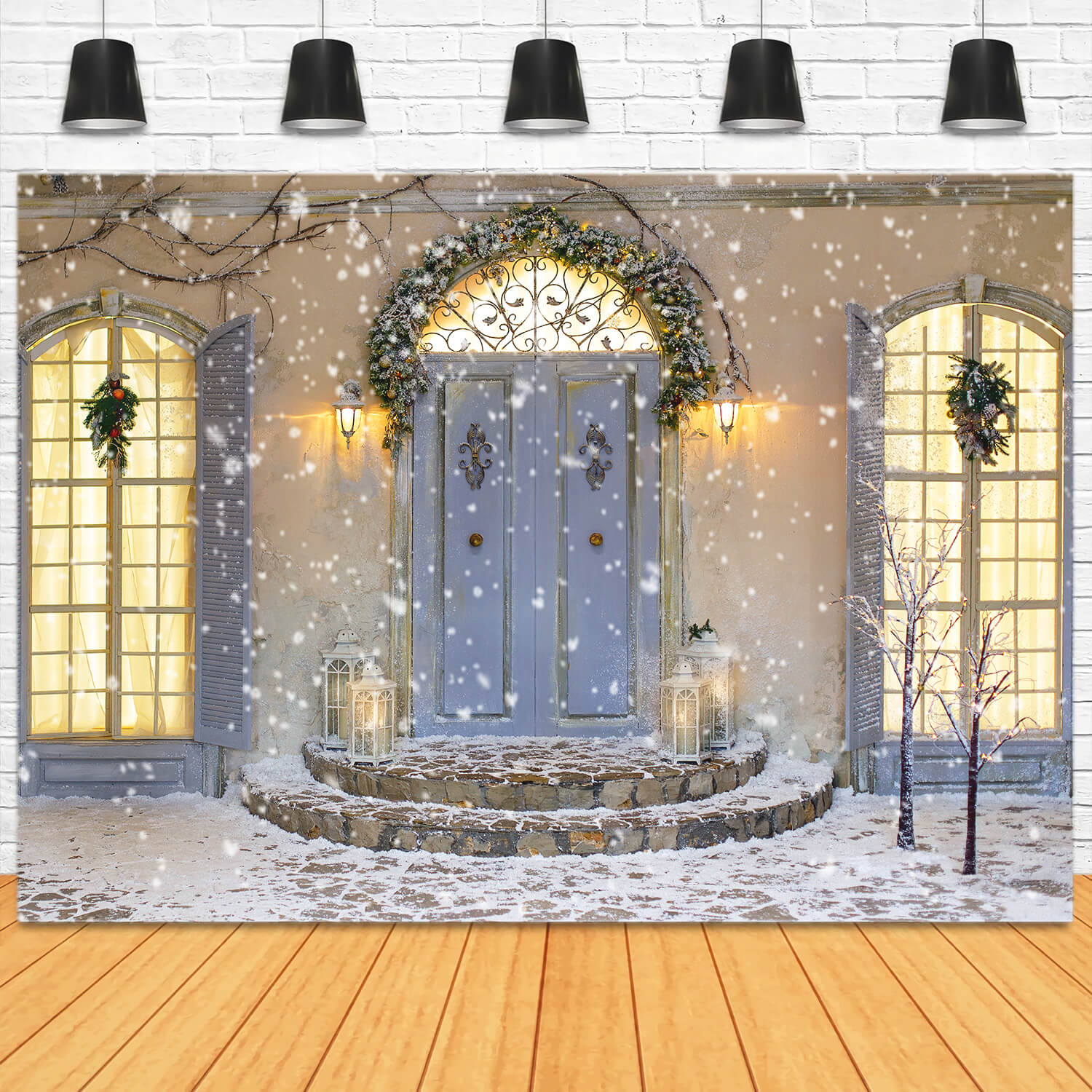 Sfondo Della Porta Del Portico Della Casa Di Natale Del Fiocco Di Neve M11-44