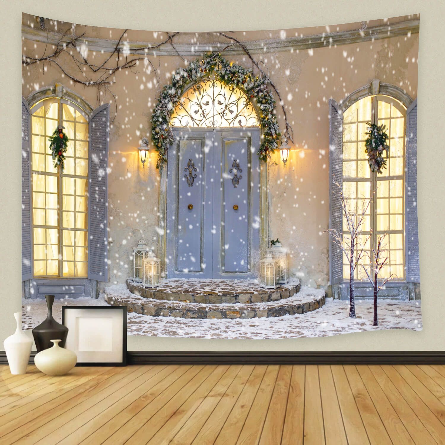 Sfondo Della Porta Del Portico Della Casa Di Natale Del Fiocco Di Neve M11-44