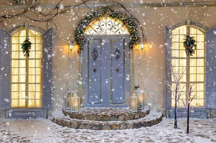 Sfondo Della Porta Del Portico Della Casa Di Natale Del Fiocco Di Neve M11-44