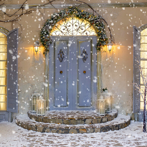 Sfondo Della Porta Del Portico Della Casa Di Natale Del Fiocco Di Neve M11-44