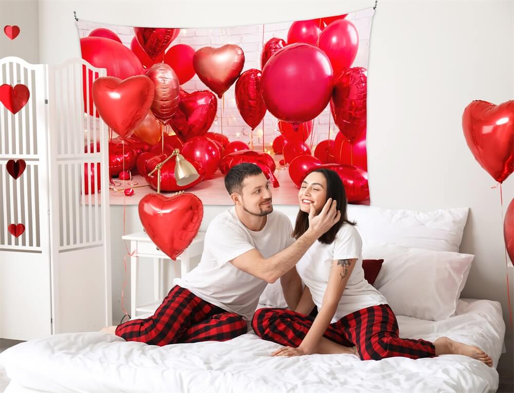 Sfondo Della Stanza Con Muro Di Mattoni Bianchi A Forma Di Palloncino Con Cuore Rosso Di San Valentino M12-12