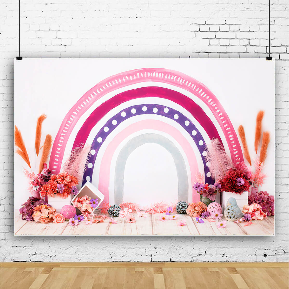 Sfondo Di Fiori Secchi Con Piume Di Palline In Rattan Arcobaleno Bohemien M12-20