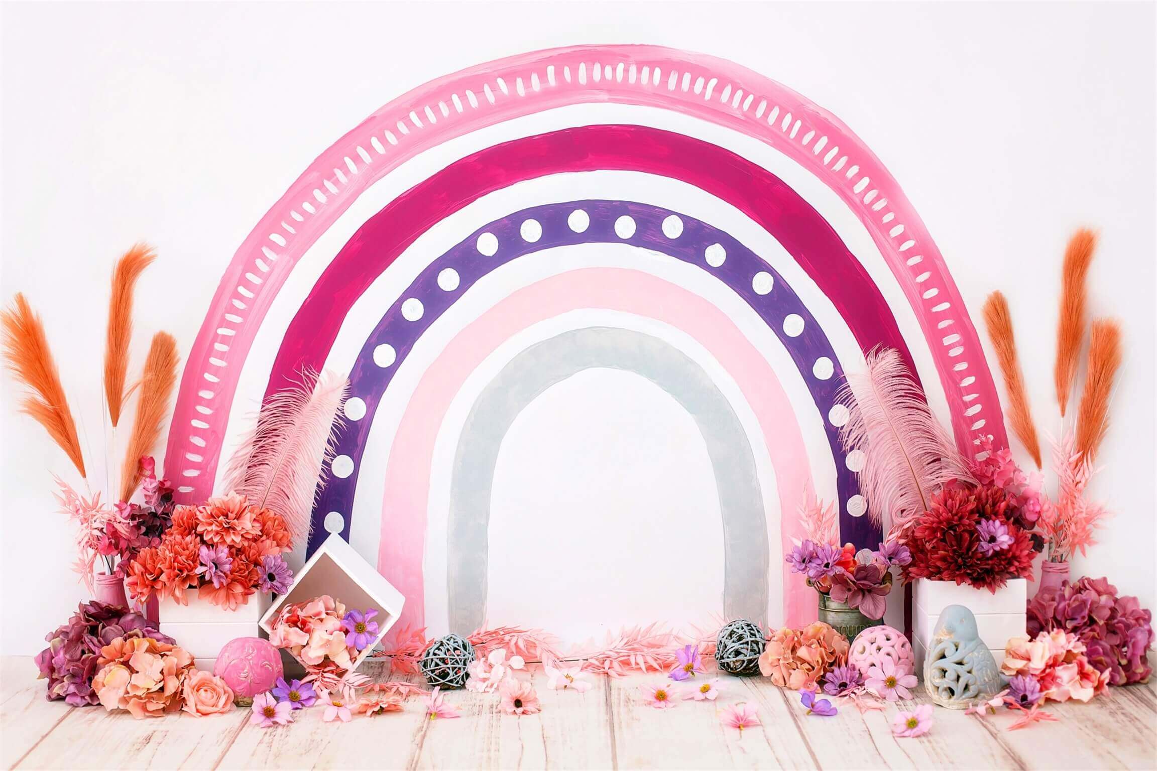 Sfondo Di Fiori Secchi Con Piume Di Palline In Rattan Arcobaleno Bohemien M12-20