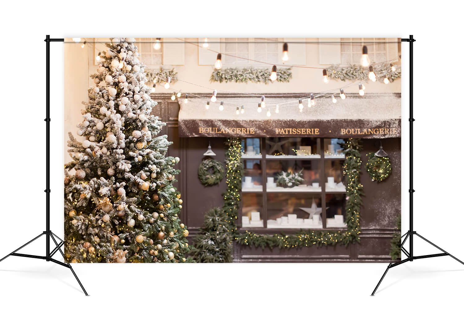 Scena Di Strada Del Caffe Di Natale Elegante Decorazione In Oro Sfondo Dell'Albero Di Natale M12-31