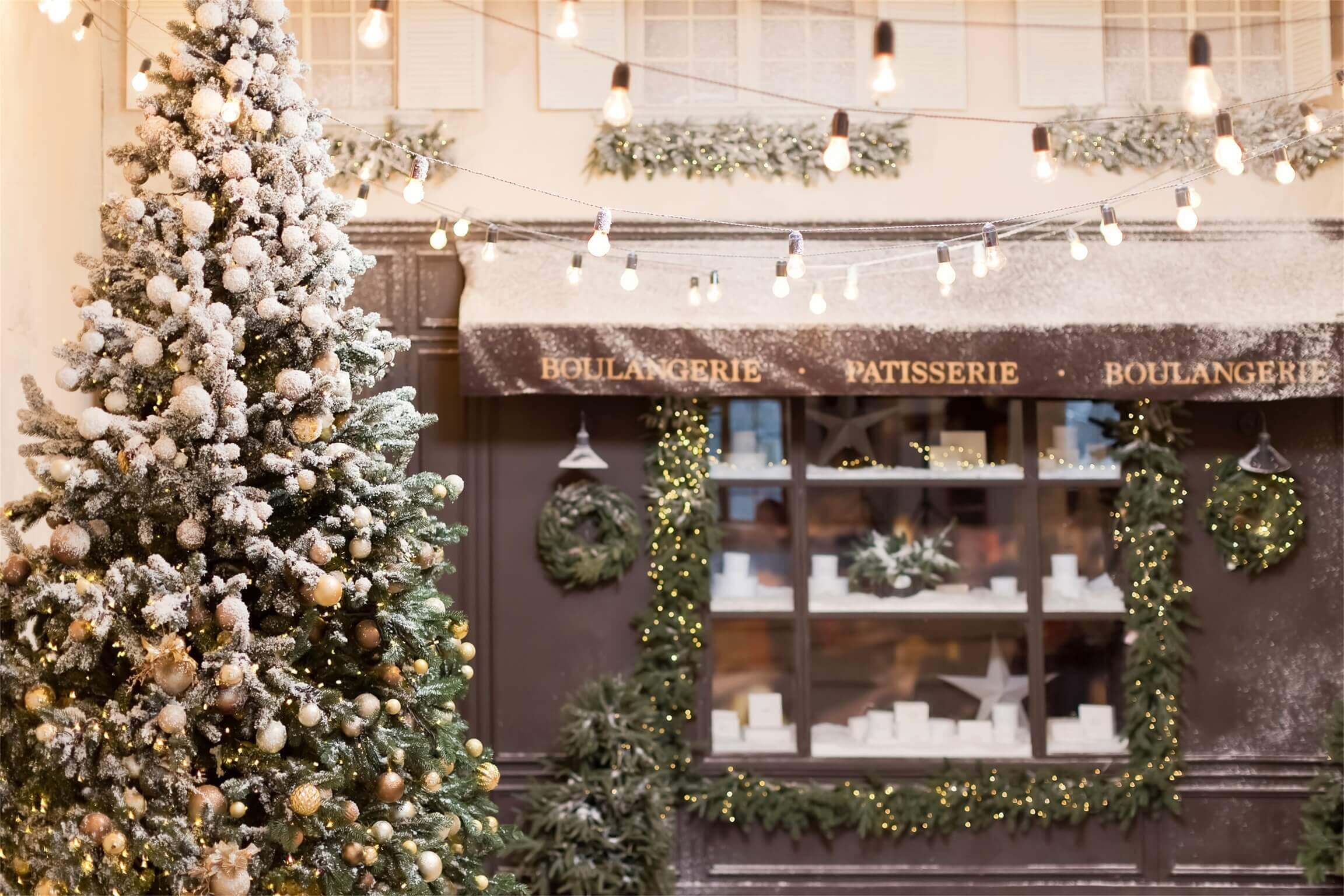 Scena Di Strada Del Caffe Di Natale Elegante Decorazione In Oro Sfondo Dell'Albero Di Natale M12-31