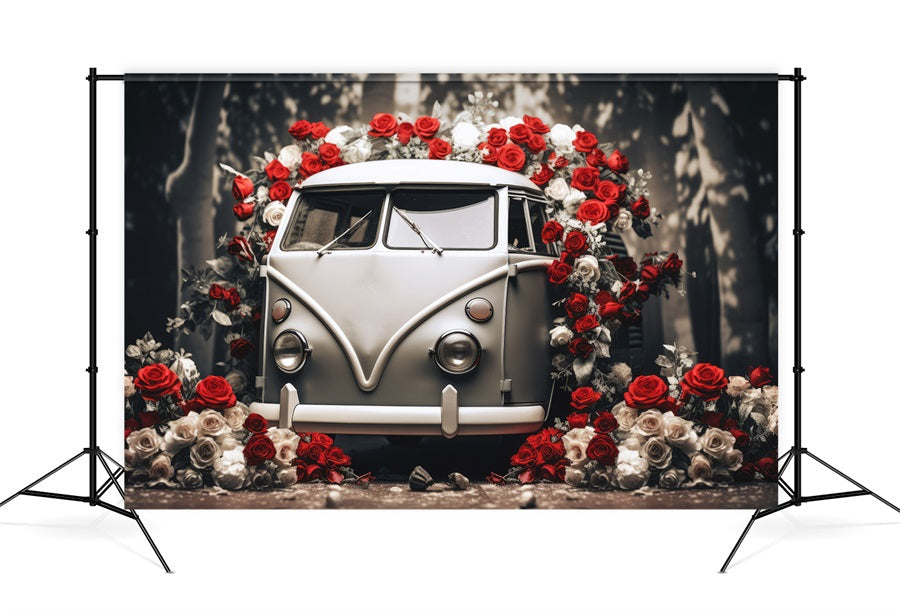 Sfondo Romantico Di Auto D'Epoca Di San Valentino Con Rose Rosse E Bianche M12-34