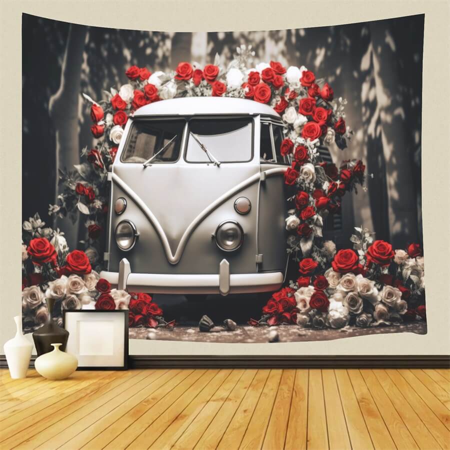 Sfondo Romantico Di Auto D'Epoca Di San Valentino Con Rose Rosse E Bianche M12-34