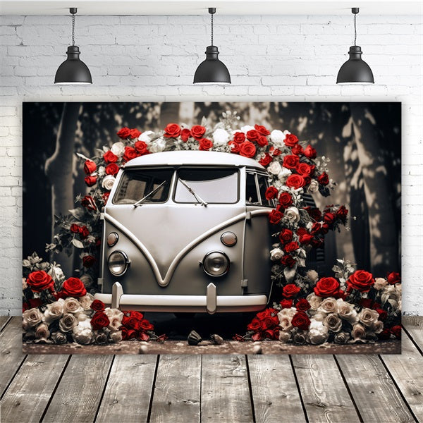 Sfondo Romantico Di Auto D'Epoca Di San Valentino Con Rose Rosse E Bianche M12-34