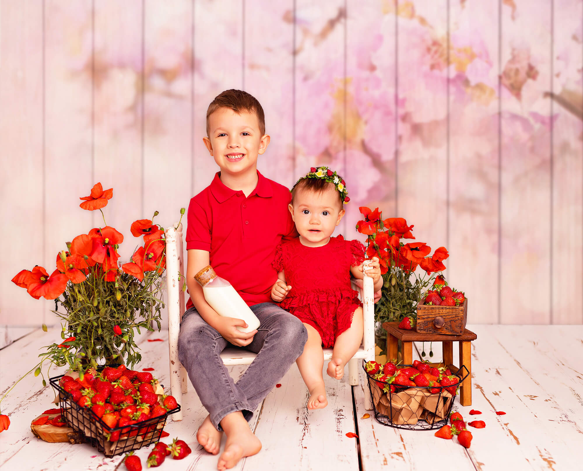 Sfondo Per Pavimento In Legno Con Scene Sparse Floreali Rosa Chiaro M12-44