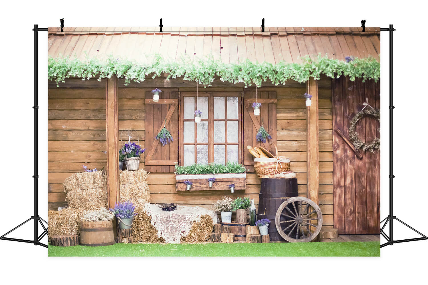 Rustico Cabina Vite Grondaia Decorativa Viola Lavanda Accento Portico Sfondo M2-16