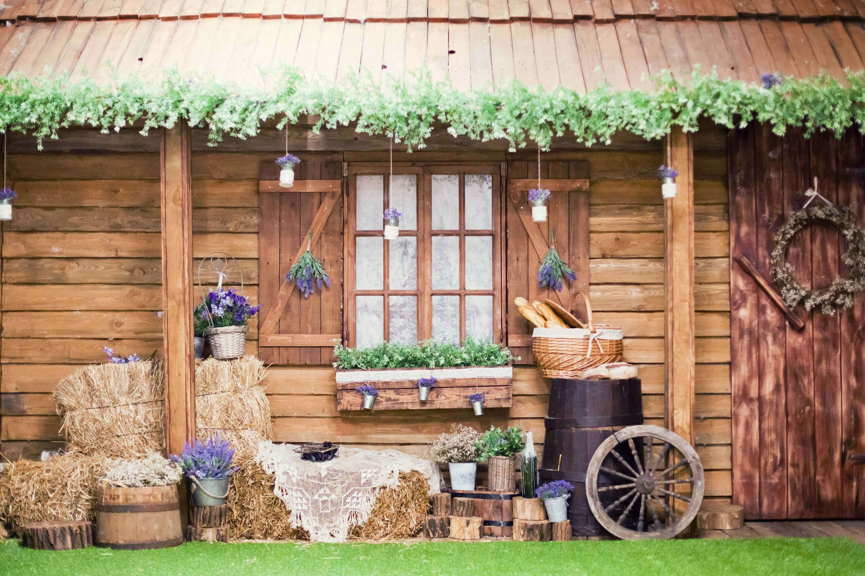 Rustico Cabina Vite Grondaia Decorativa Viola Lavanda Accento Portico Sfondo M2-16