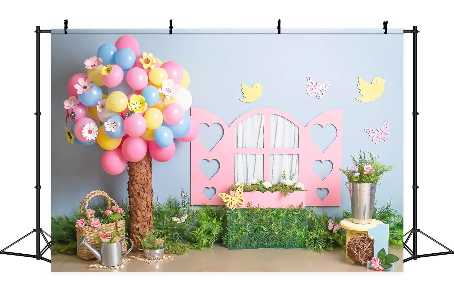 1 Compleanno Palloncino Colorato Albero Parete Blu Finestra Rosa Uccello Farfalla Sfondo M2-23