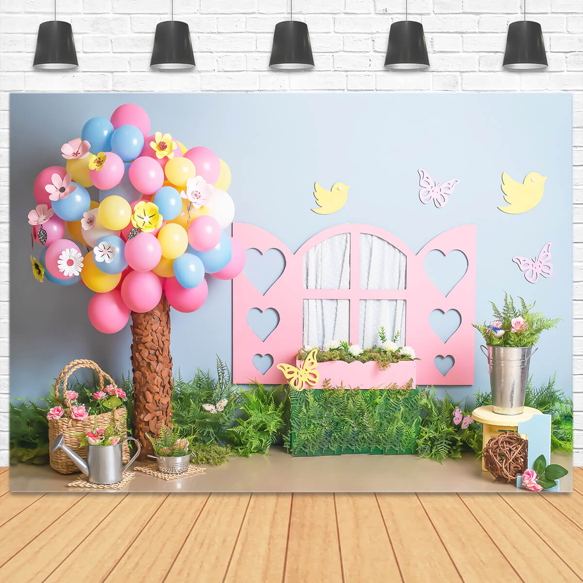 1 Compleanno Palloncino Colorato Albero Parete Blu Finestra Rosa Uccello Farfalla Sfondo M2-23