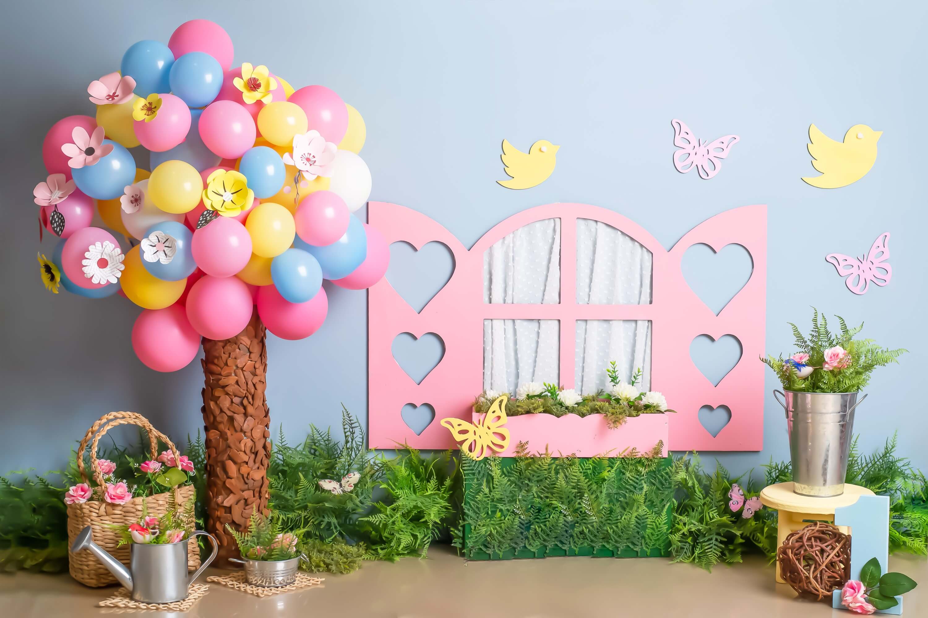 1 Compleanno Palloncino Colorato Albero Parete Blu Finestra Rosa Uccello Farfalla Sfondo M2-23