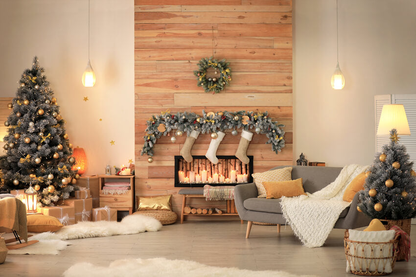 Sfondo Interno Della Stanza Del Camino Dell'Albero Di Natale M6-140