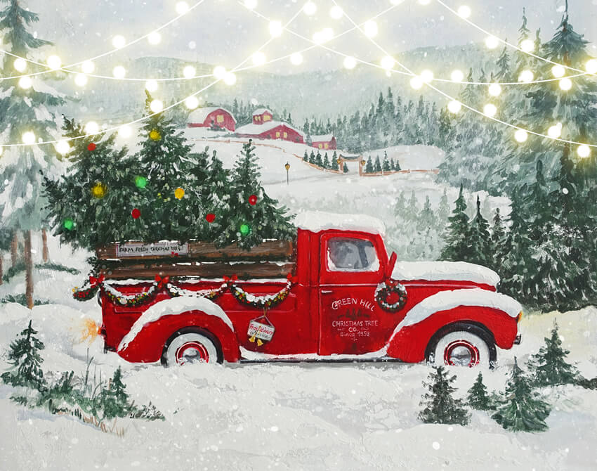 Sfondo Natalizio Con Albero Forestale Innevato Camion Rosso M6-148