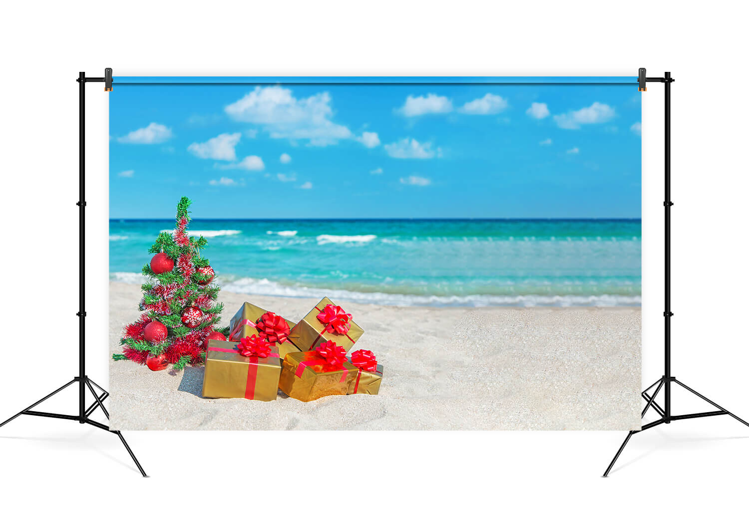 Sfondo Di Scatole Regalo Per Albero Di Natale Sulla Spiaggia Del Mare M6-149