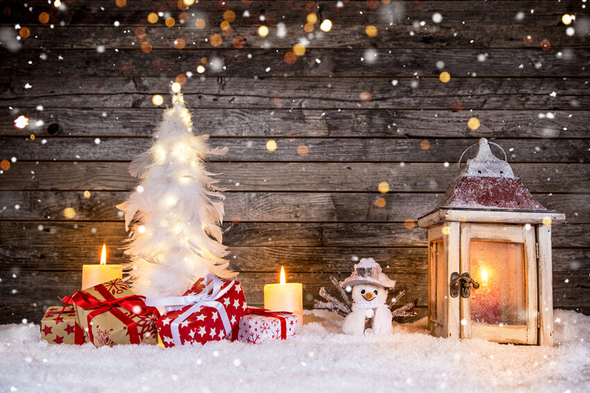 Sfondo Natalizio In Legno Innevato Con Pupazzo Di Neve M6-82