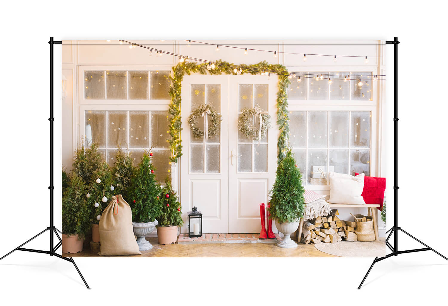 Sfondo Del Portico Con Porta Decorata Con Albero Di Natale M6-86