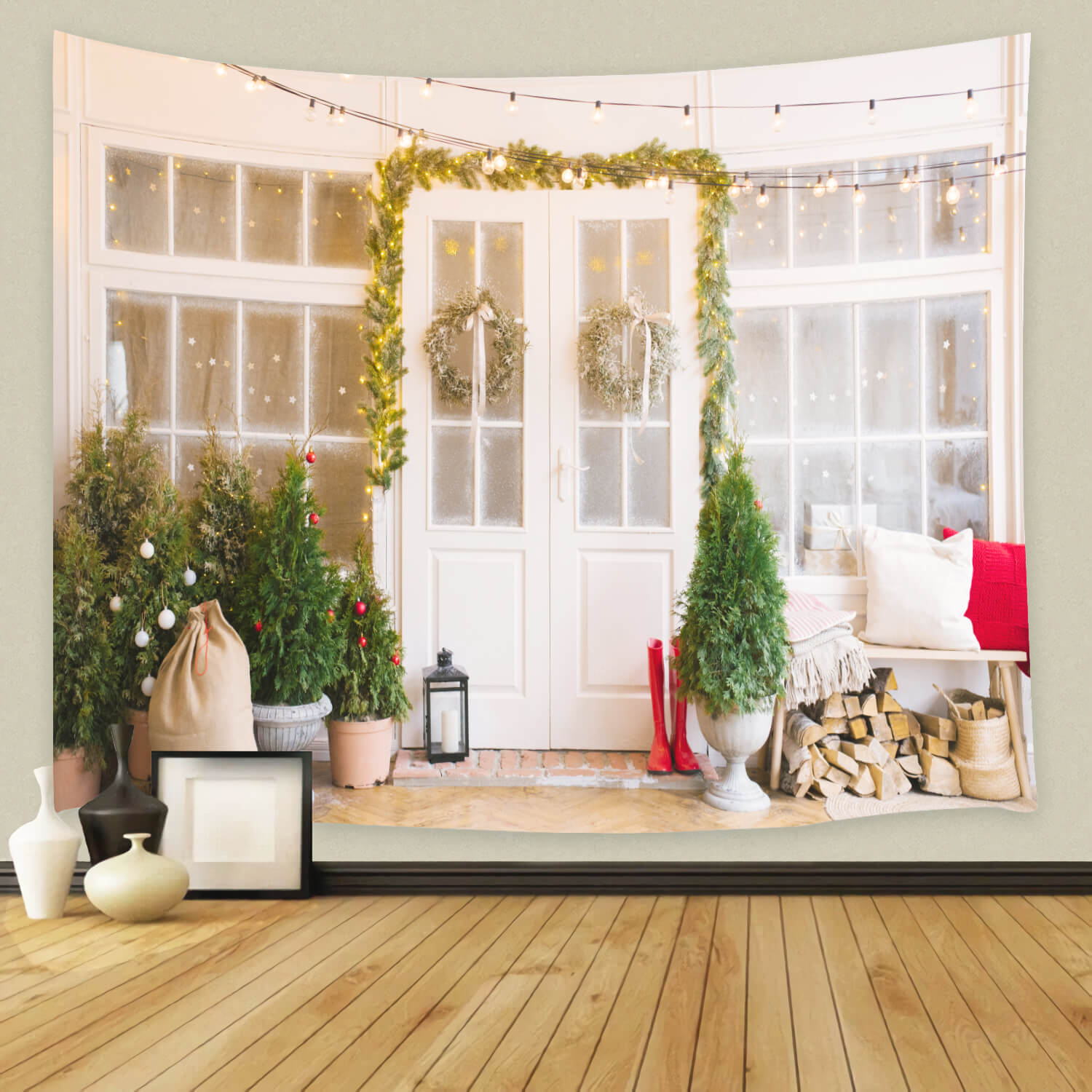 Sfondo Del Portico Con Porta Decorata Con Albero Di Natale M6-86
