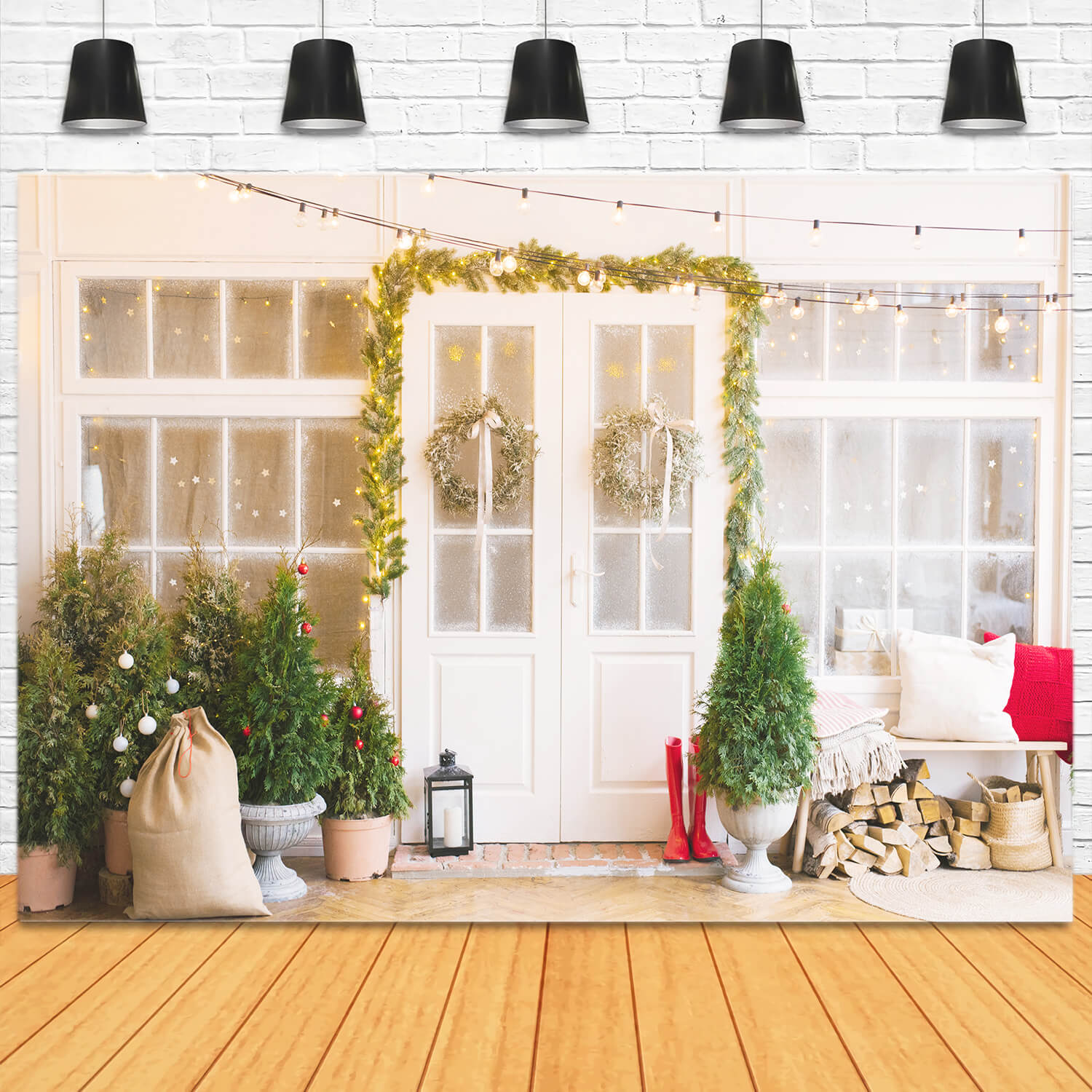 Sfondo Del Portico Con Porta Decorata Con Albero Di Natale M6-86
