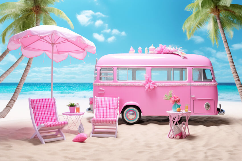 Sfondo Di Autobus Rosa Spiaggia Bambola Moda Estiva M7-87