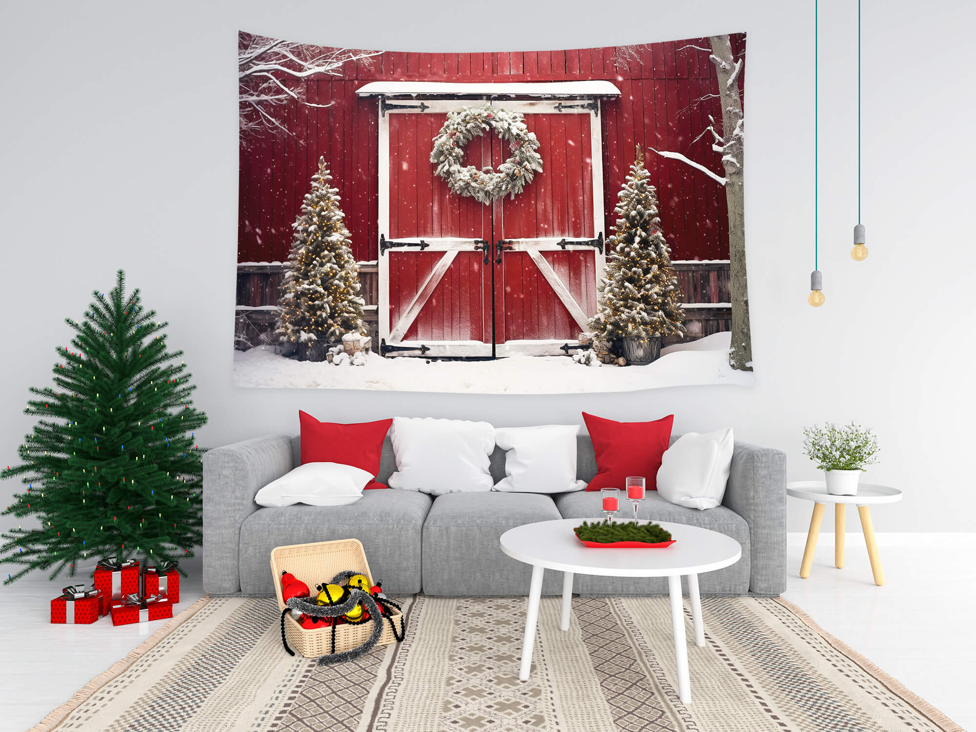 Sfondo Del Fienile Rosso Dell'Albero Di Natale Innevato M8-64