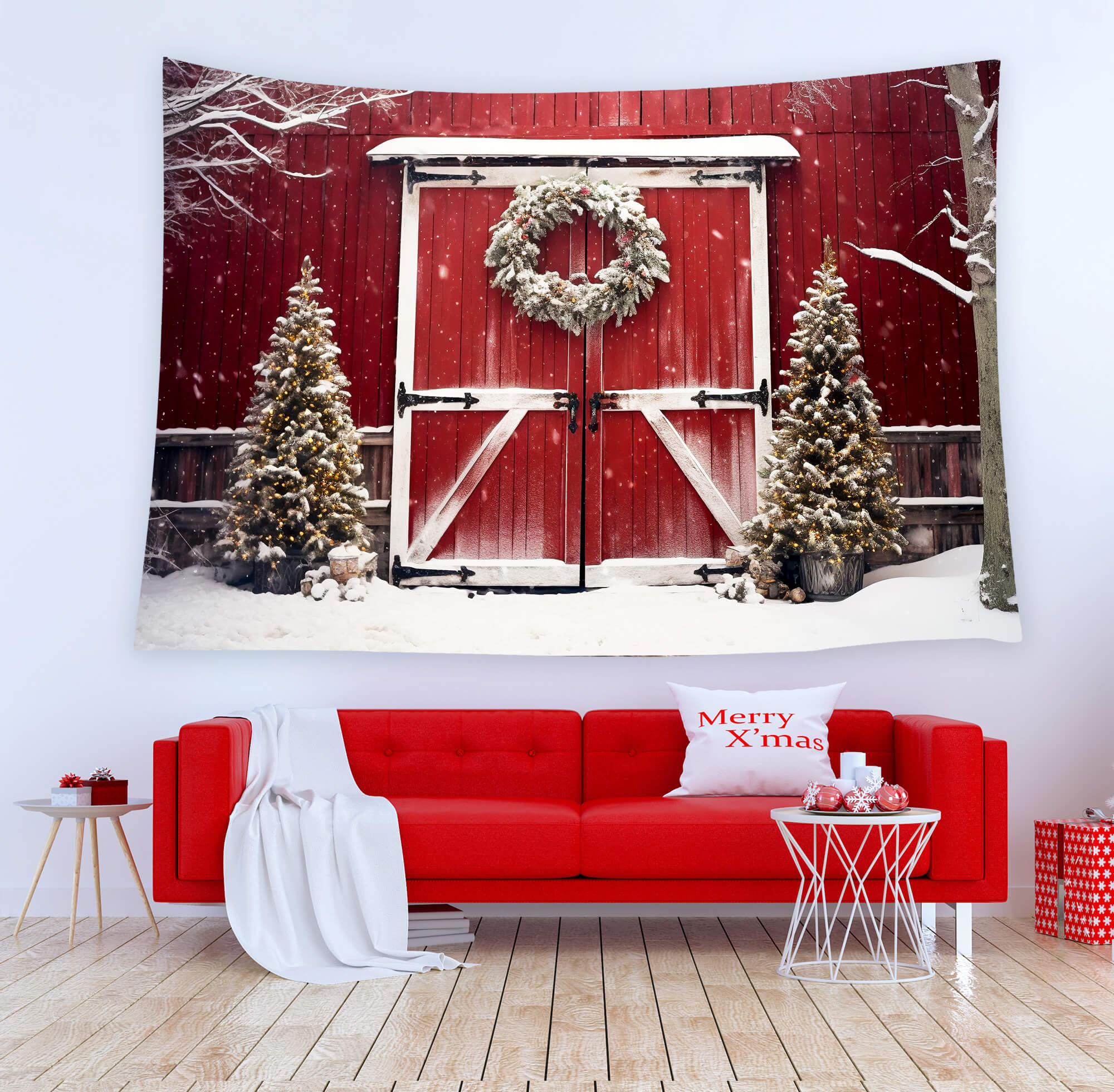 Sfondo Del Fienile Rosso Dell'Albero Di Natale Innevato M8-64