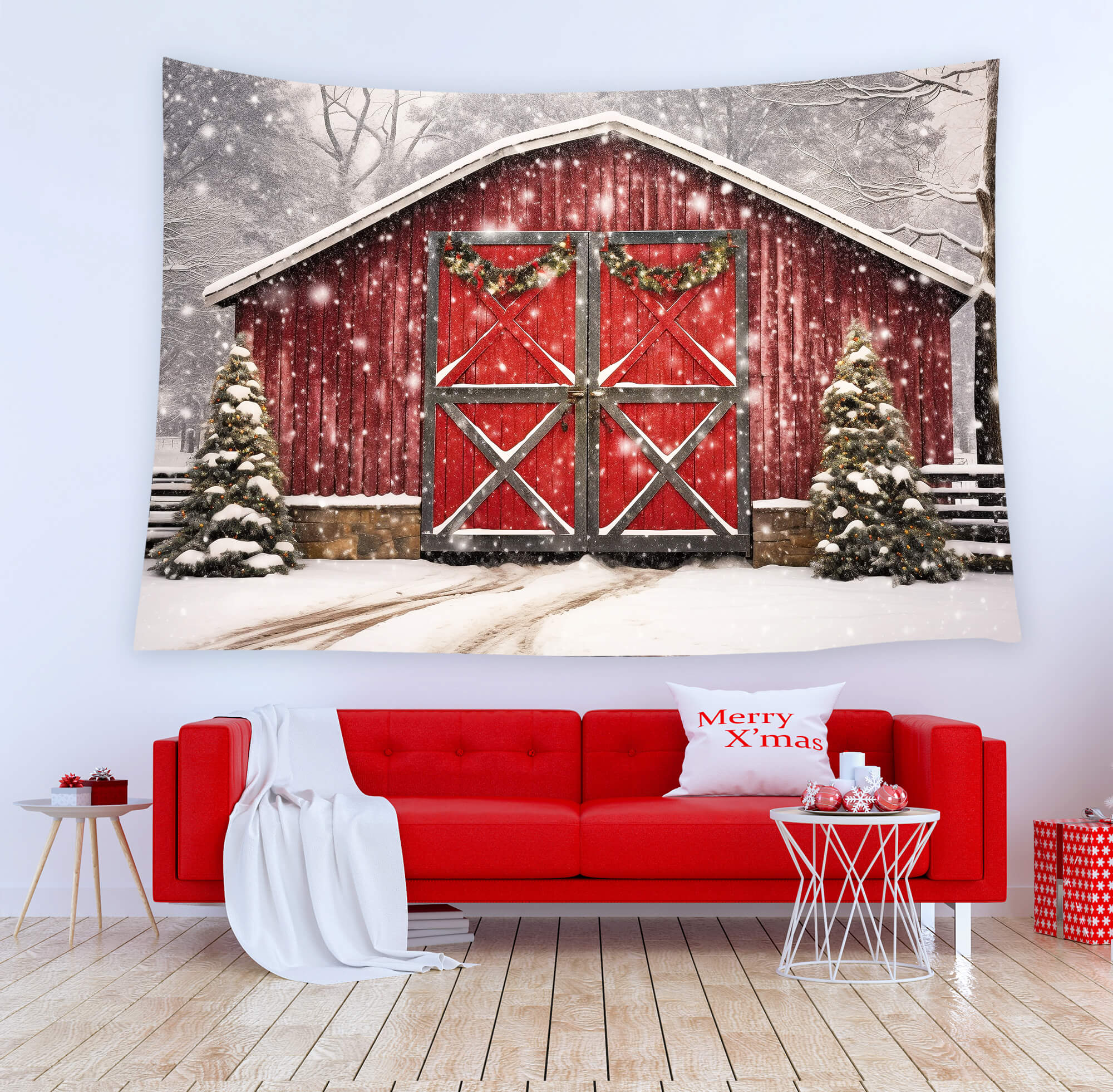 Sfondo Di Neve Casa Di Legno Rossa Di Natale M8-66