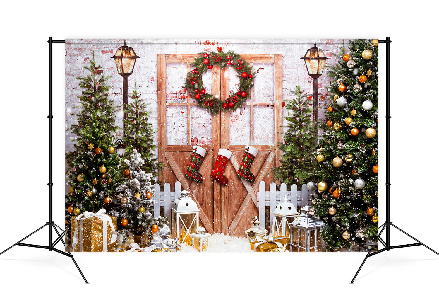 Sfondo Dell'Albero Di Natale Con Porta In Legno Con Fiocco Di Neve M9-27