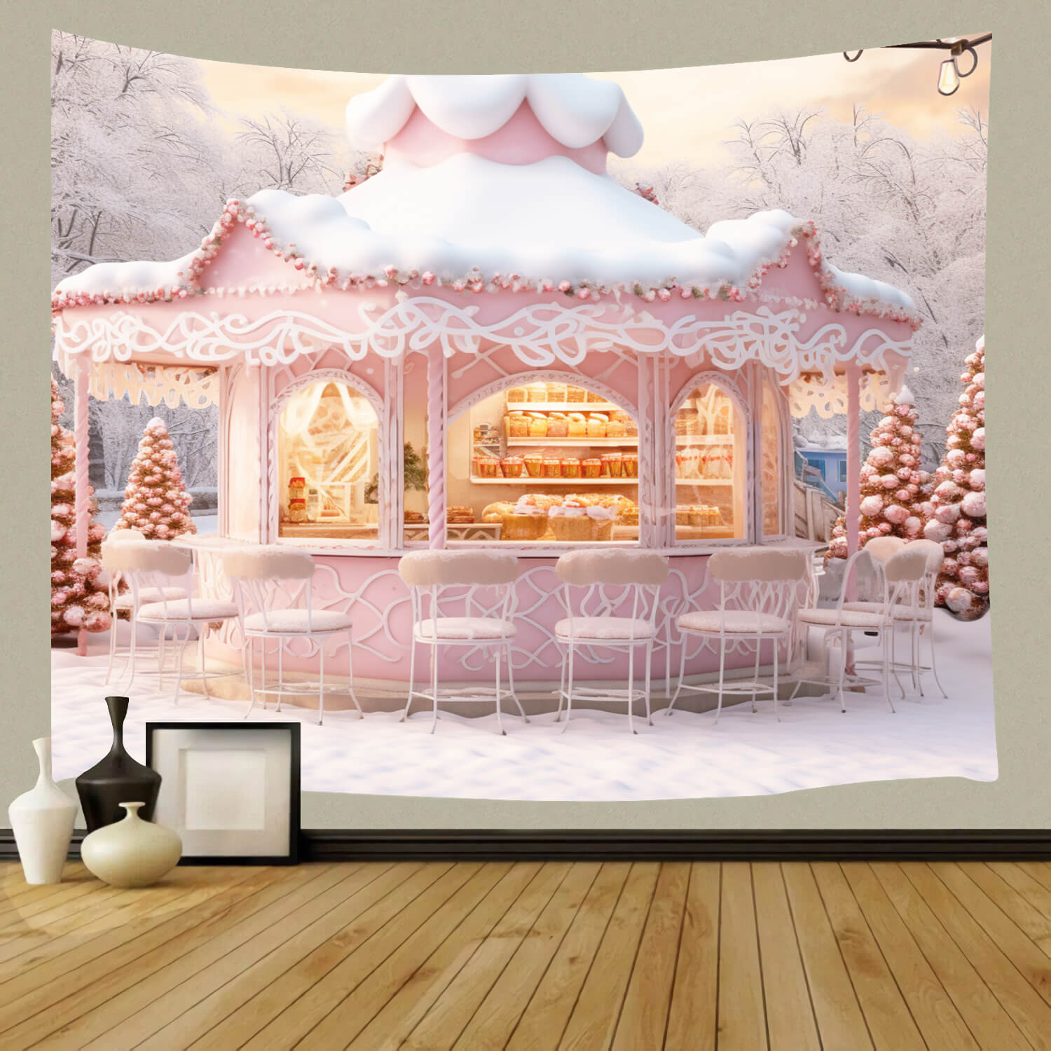 Sfondo Di Neve Del Negozio Di Caramelle Rosa Di Natale M9-64