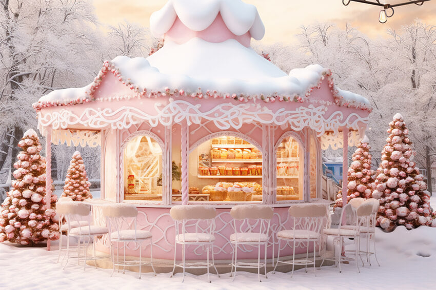 Sfondo Di Neve Del Negozio Di Caramelle Rosa Di Natale M9-64