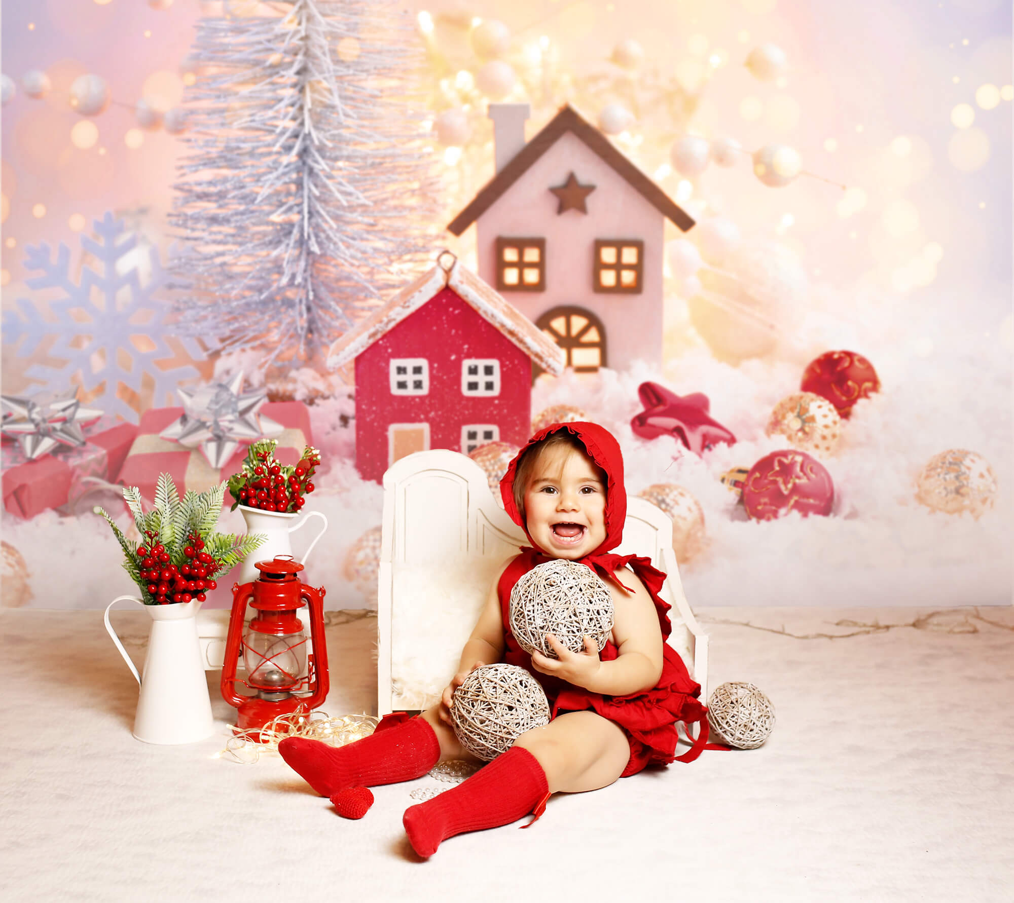 Sfondo Bokeh Cabina Fiocco Di Neve Palline Di Natale M9-71