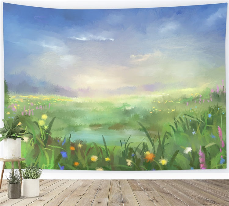 Stile Di Pittura A Olio Fiori Colorati Sfondo Blu Cielo RR3-04