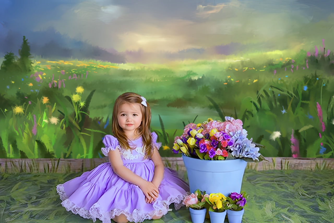 Stile Di Pittura A Olio Fiori Colorati Sfondo Blu Cielo RR3-04