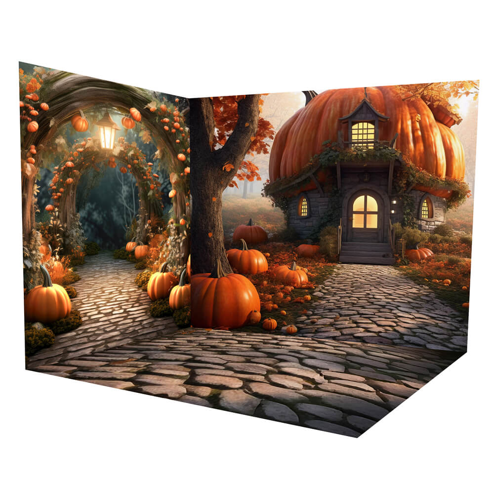 Set Camera Sullo Sfondo Della Casa Delle Zucche Del Sentiero Nel Bosco Autunnale