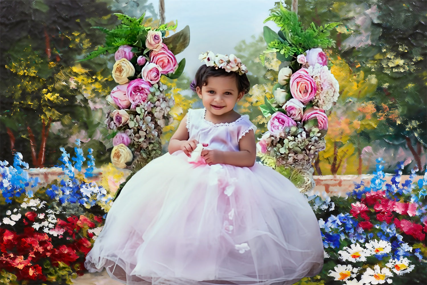 Pittura A Olio Fiori Intorno Al Sentiero Boscoso Bellissimo Sfondo RR3-05