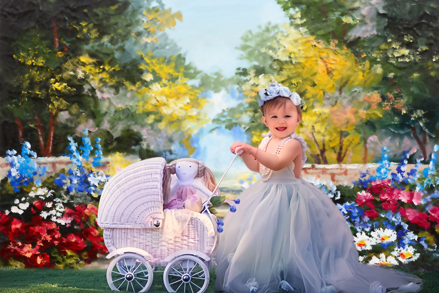 Pittura A Olio Fiori Intorno Al Sentiero Boscoso Bellissimo Sfondo RR3-05