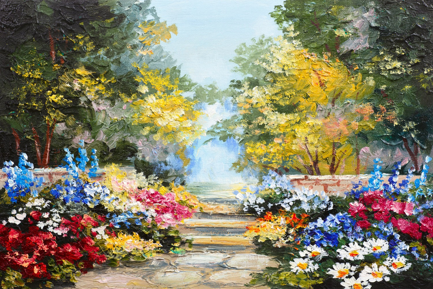 Pittura A Olio Fiori Intorno Al Sentiero Boscoso Bellissimo Sfondo RR3-05