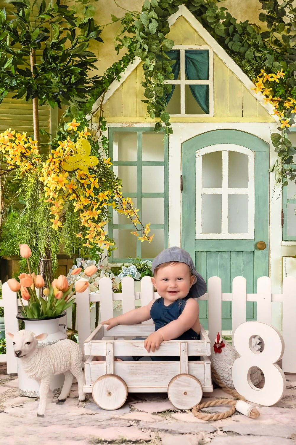 Porta In Legno Fresco Di Primavera Pavimento In Pietra Sfondo Floreale RR3-06