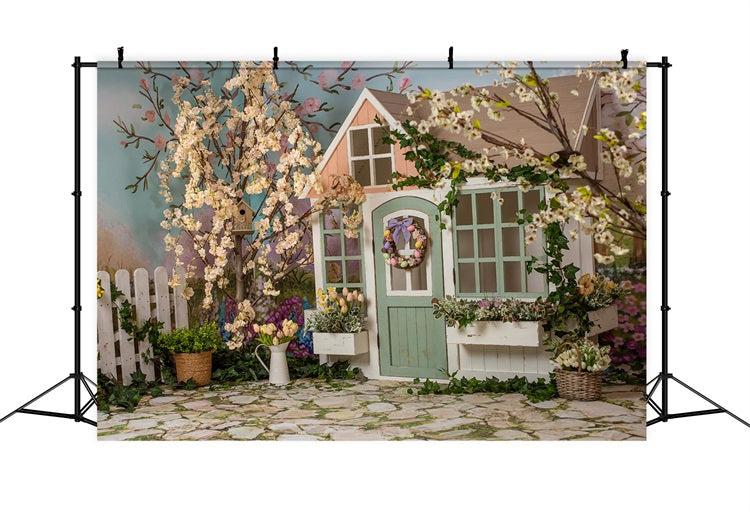Sfondo Di Recinzione Di Fiori Di Primavera Capanna Di Tronchi Ghirlanda Di Pietra RR3-08
