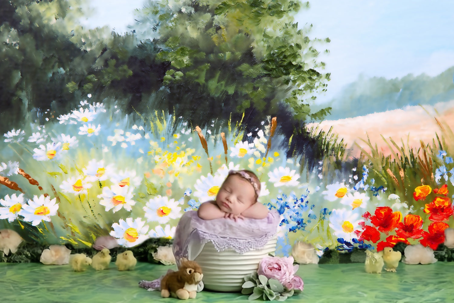 Pittura A Olio Primaverile Piccola Margherita Cielo Blu Brezza Sullo Sfondo RR3-09